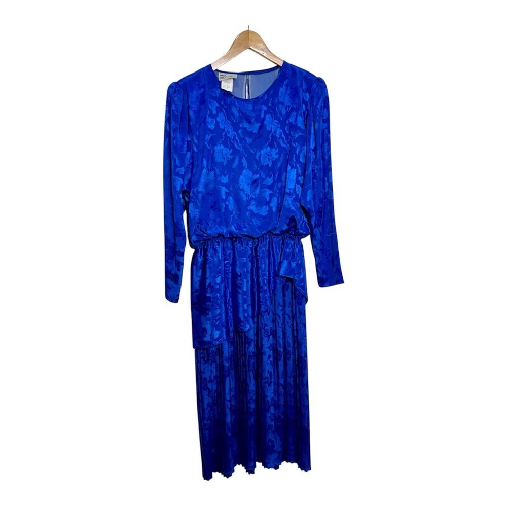 *Monica Richards Vintage 80s‎ 90s Women's Dress Sz 16 Midi Pleated Peplum Cobalt